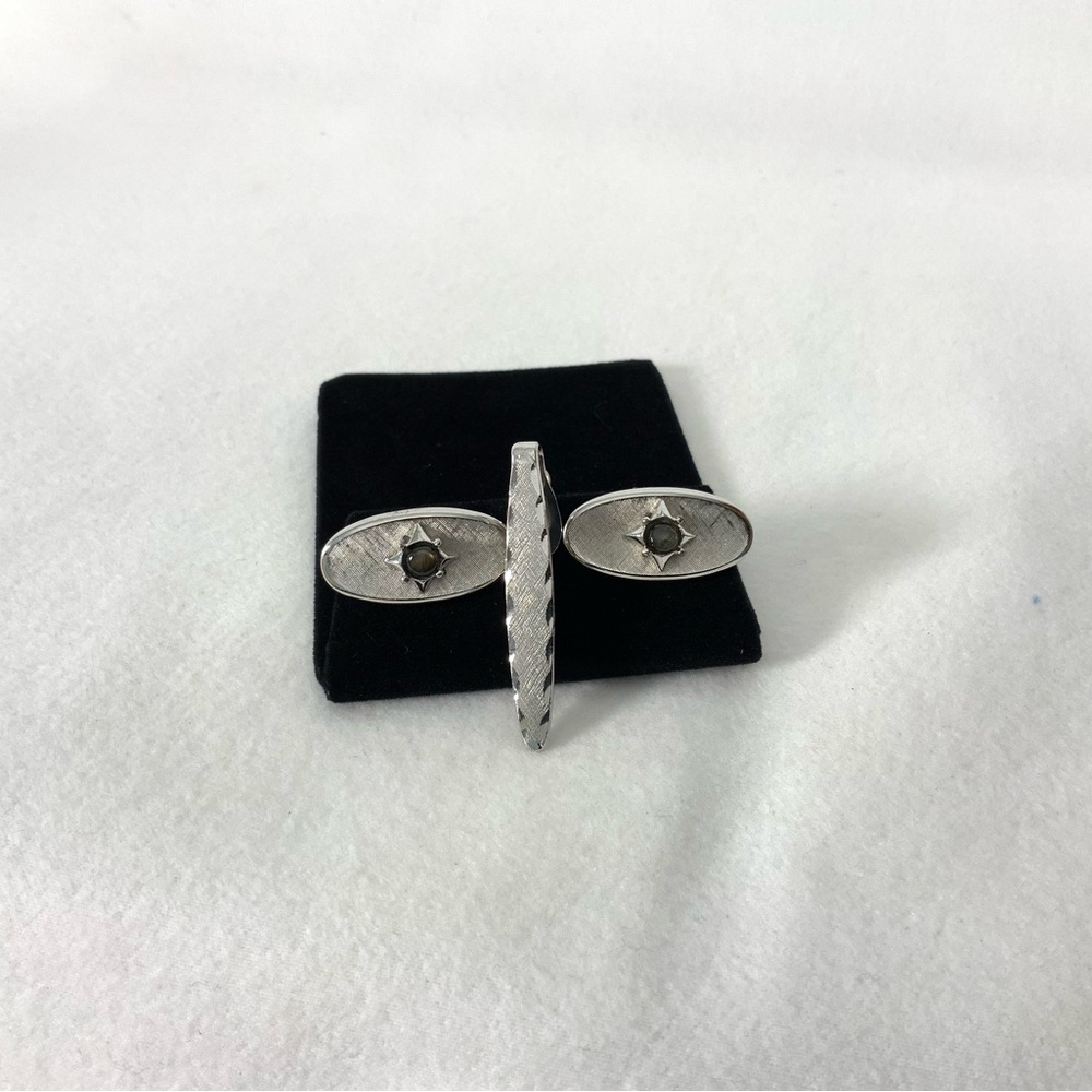 SWANK Silver Cufflinks with Gray Quartz Stone  Matching Tie Clip Set